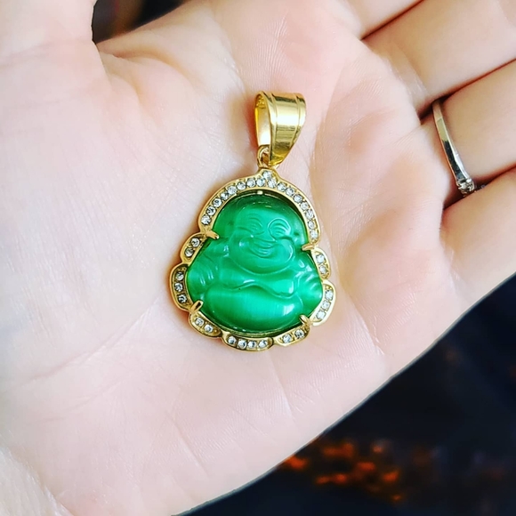 Green Cat Eye Flashy Buddha Carving Pendant Zirconia Stainless steel 🤩 - Picture 2 of 4